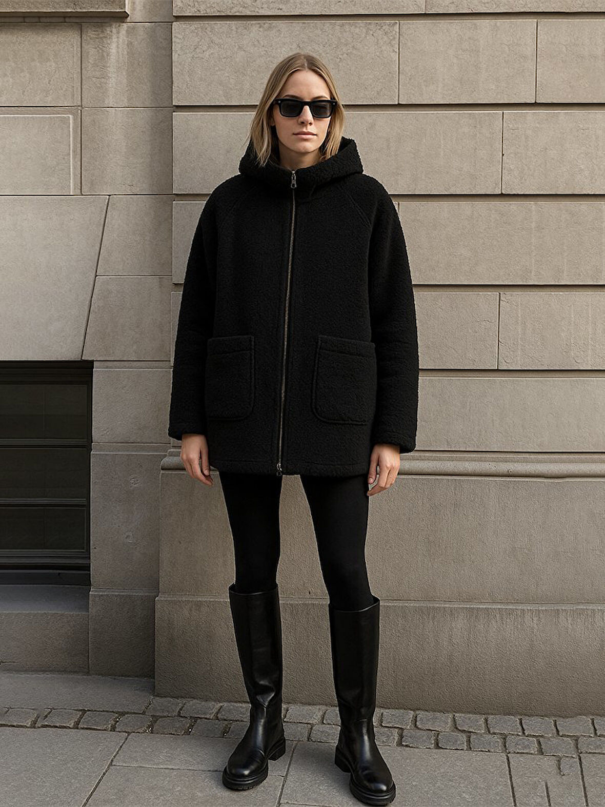 Uzun Kollu Kapüşonlu Fermuarlı Polar Siyah Mont