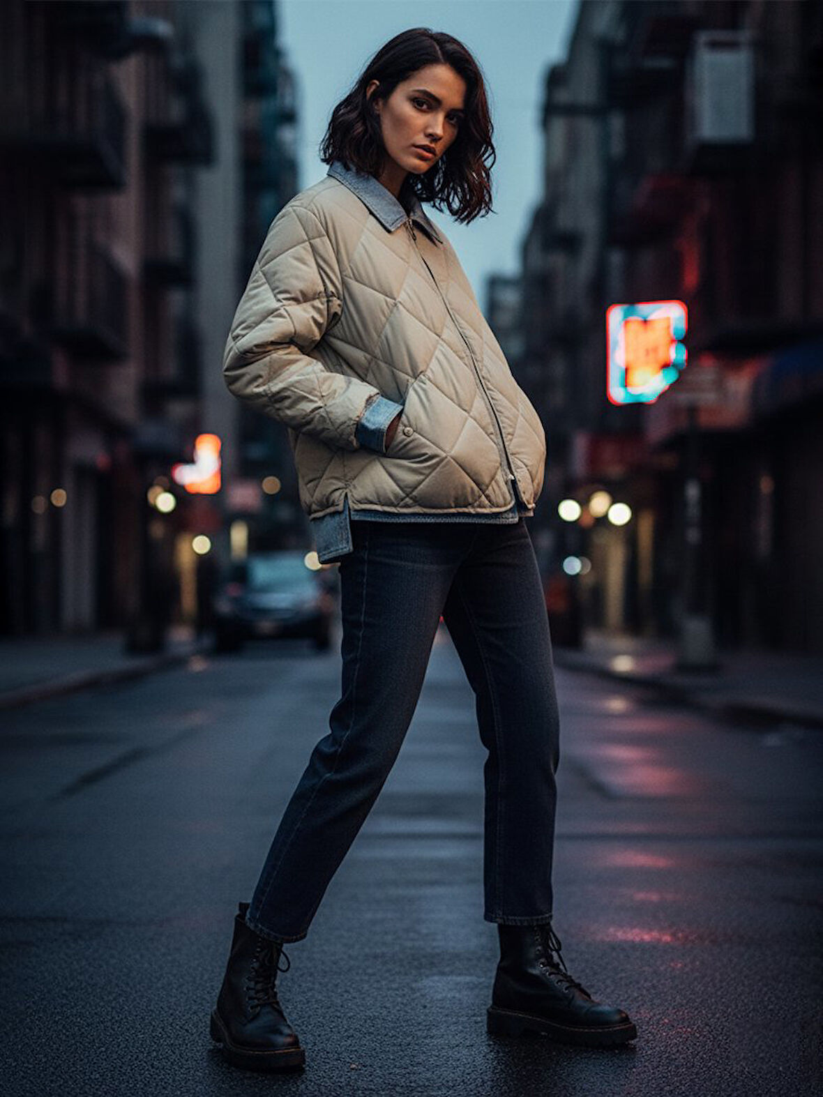 Oversize Kapitone Gömlek Yaka Yeşil Ceket