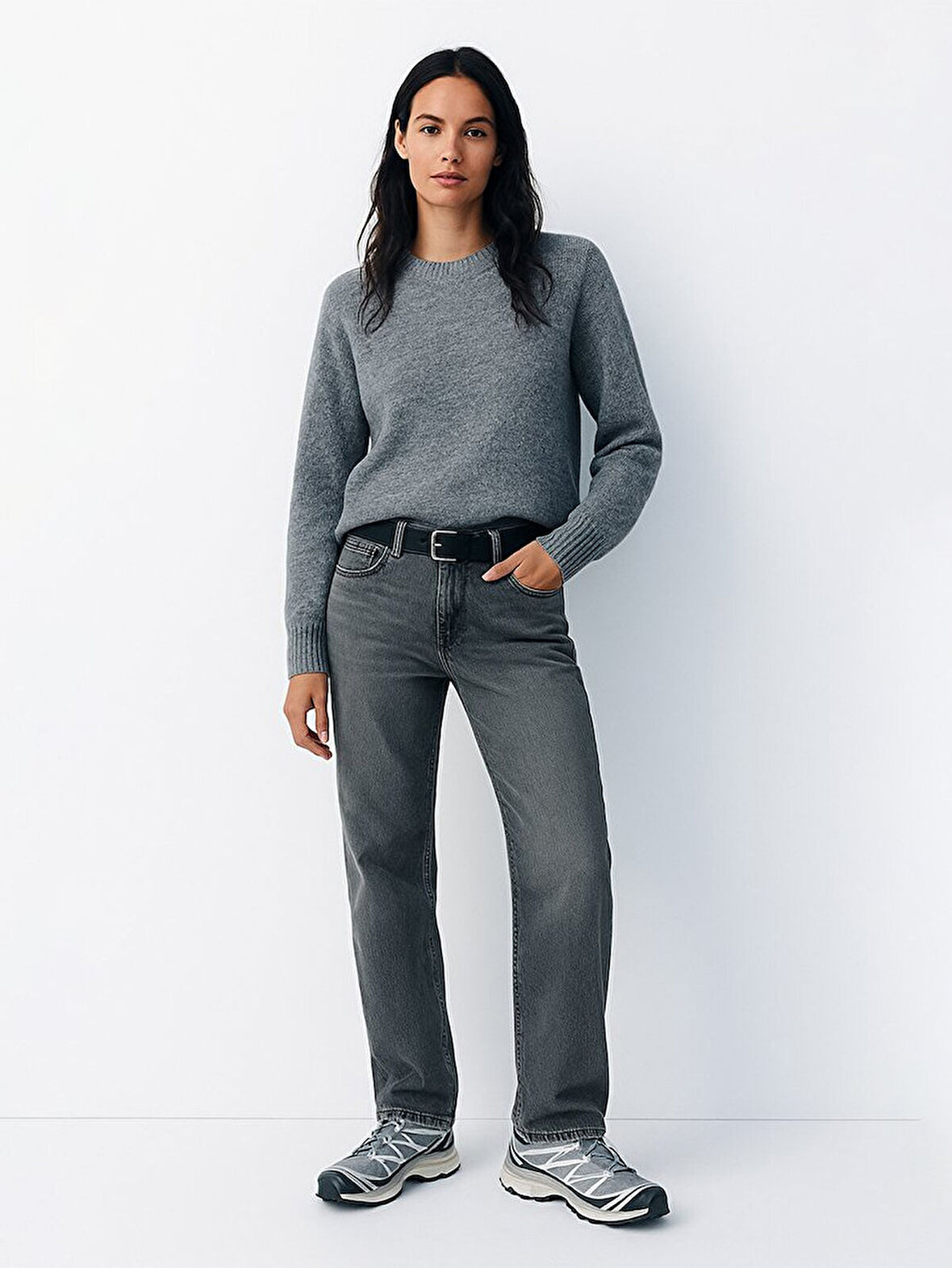 Uzun Kollu Bisiklet Yaka Basıc Triko Gri Kazak