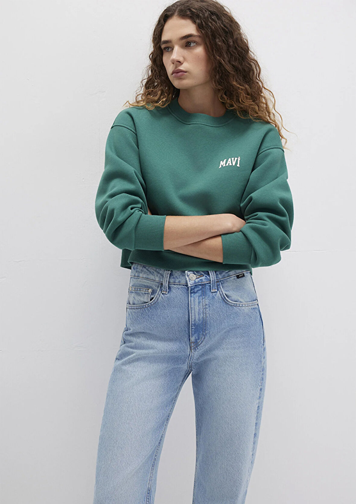 Mavi Logo Baskılı Yeşil Crop Sweatshirt 1611601-71874