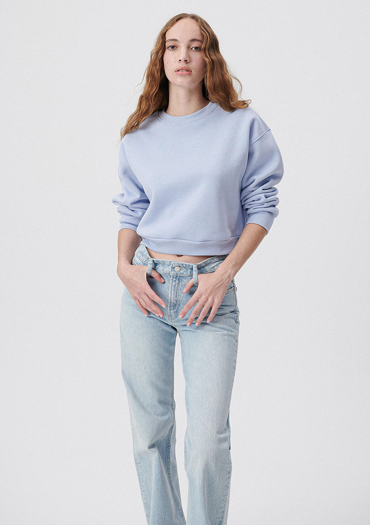 Bisiklet Yaka Mavi Basic Crop Sweatshirt 1611147-85385