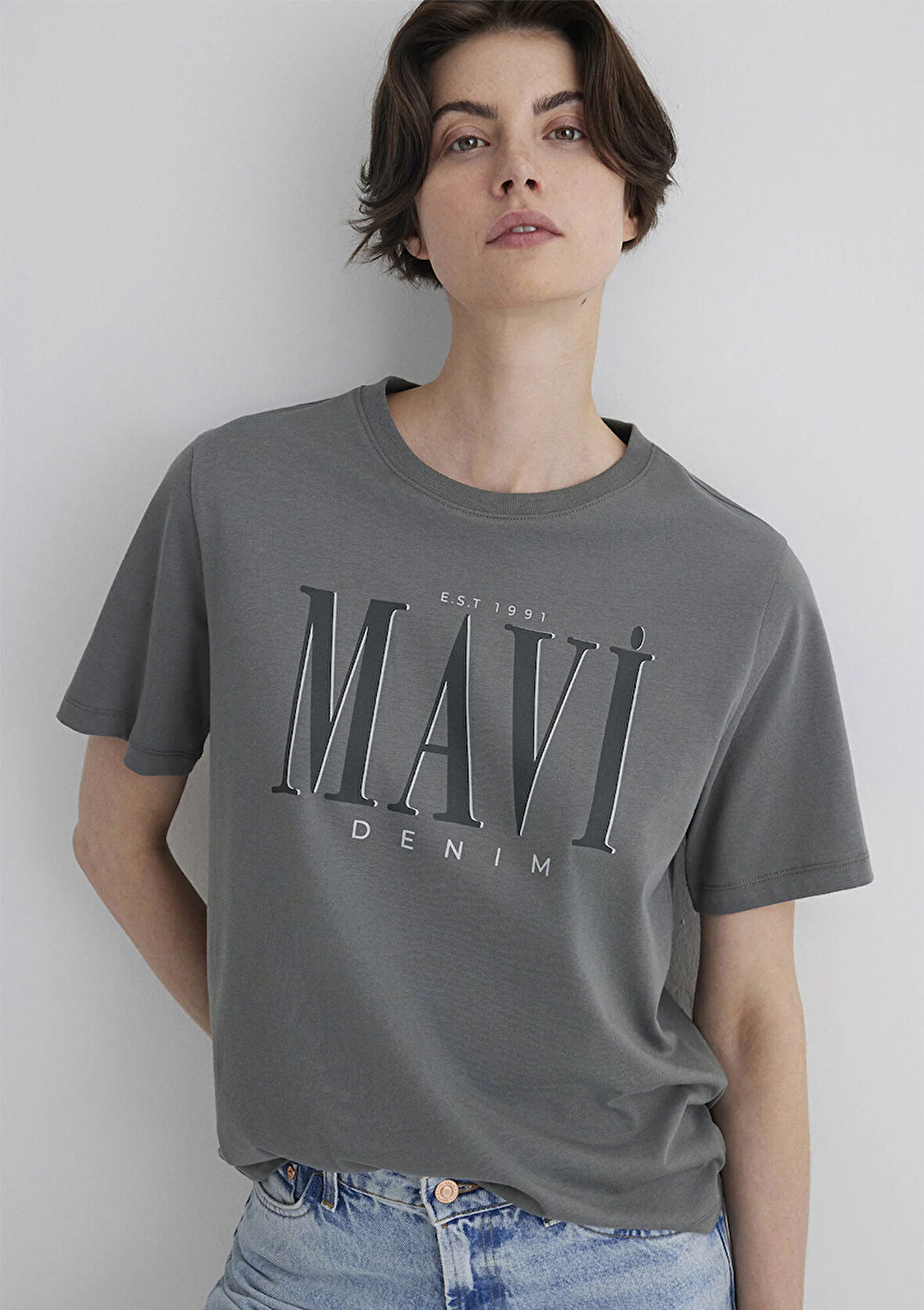 Mavi Logo Baskılı Gri Tişört 1611990-70122