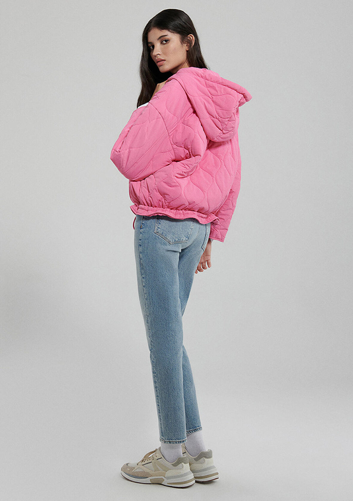 Mavi Kapitone Beli Bağcıklı Pembe Ceket 1110323-86413