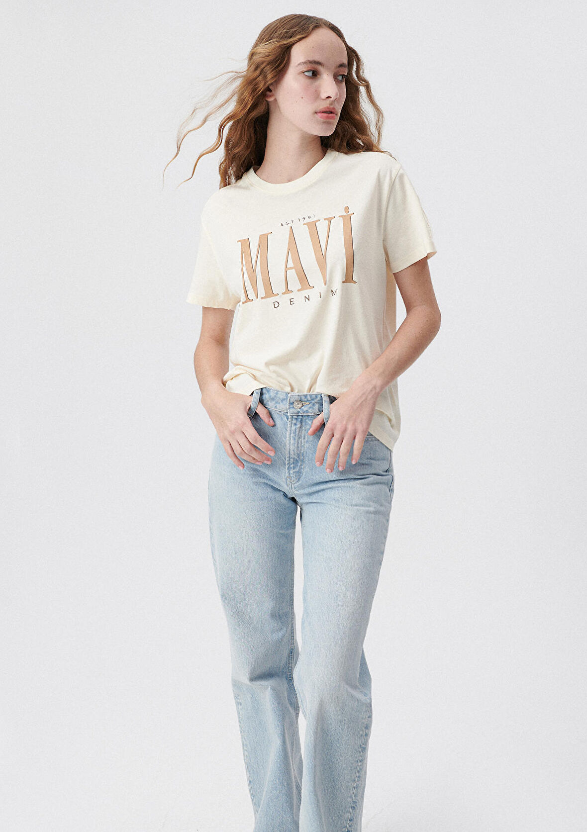 Mavi Logo Baskılı Bej Tişört 1611990-70008