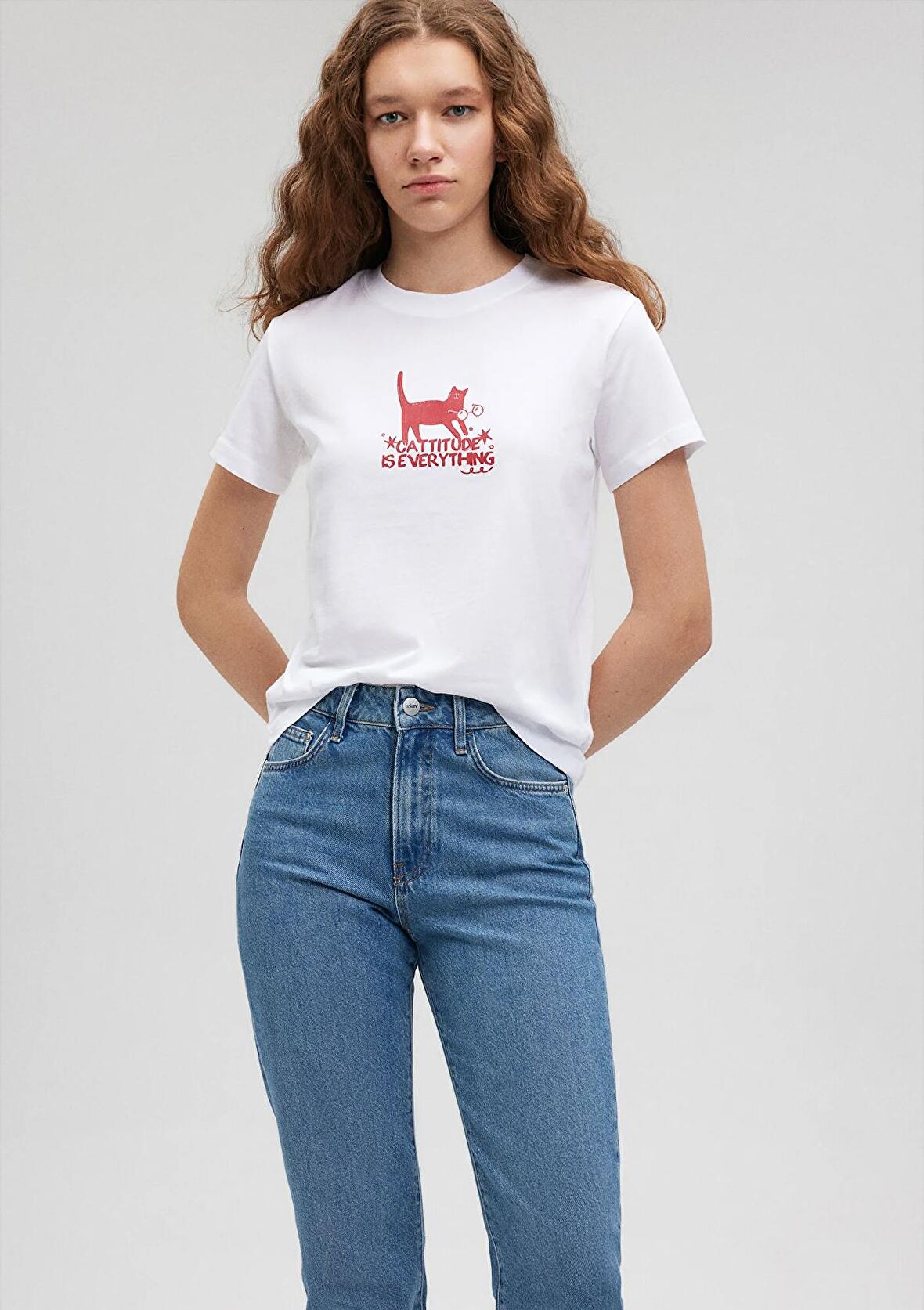 Mavi Kedi Baskılı Beyaz Tişört 1612202-620