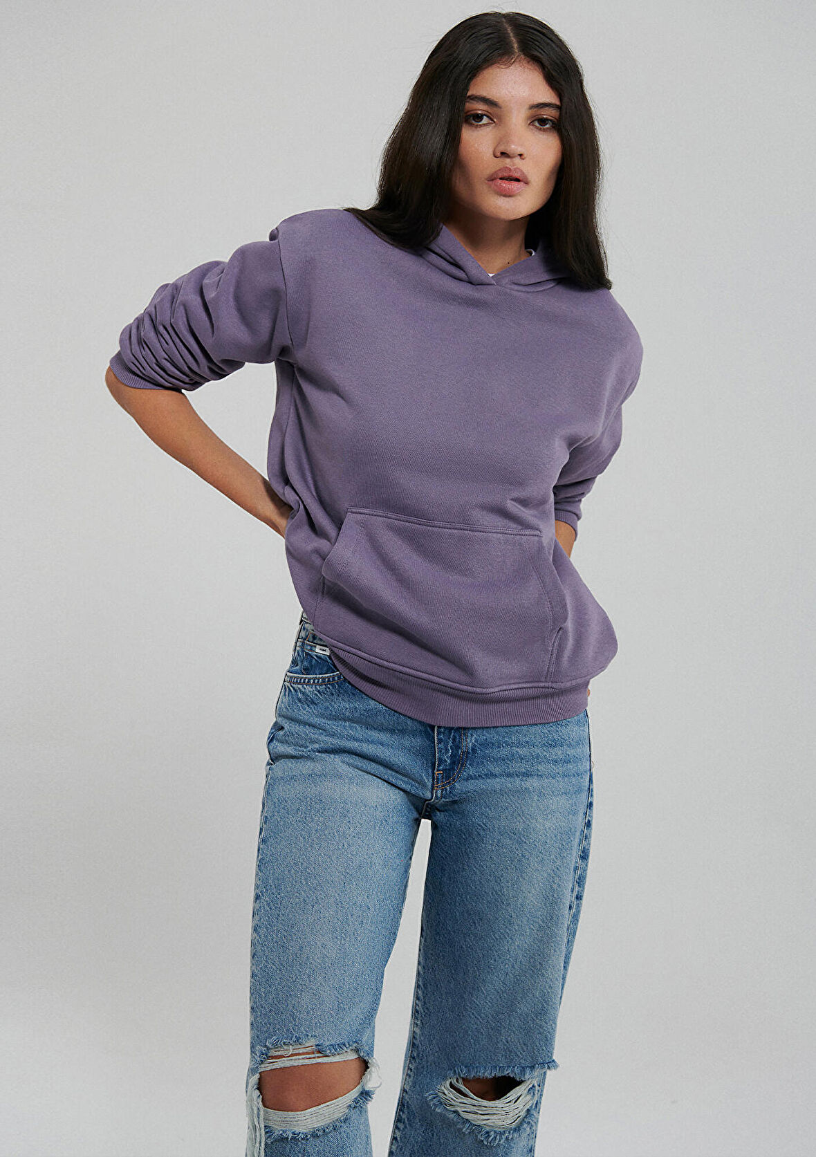 Mavi Kapüşonlu Mor Basic Sweatshirt 167299-70608