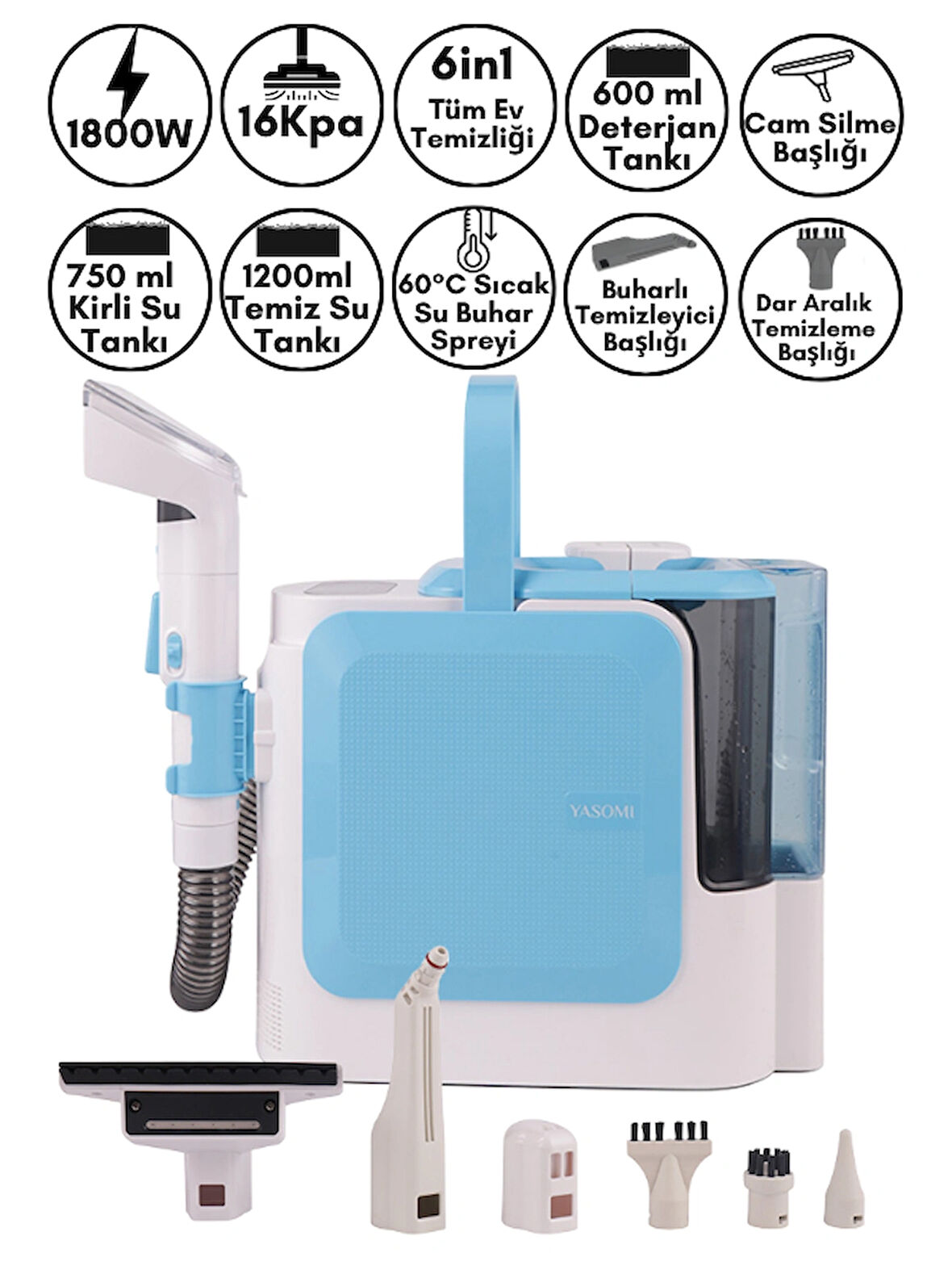 Yasomi C11 Pro 16Kpa 1800W Sıcak Su Spreyli Buharlı Temizleyici Halı ve Koltuk Yıkama Makinesi