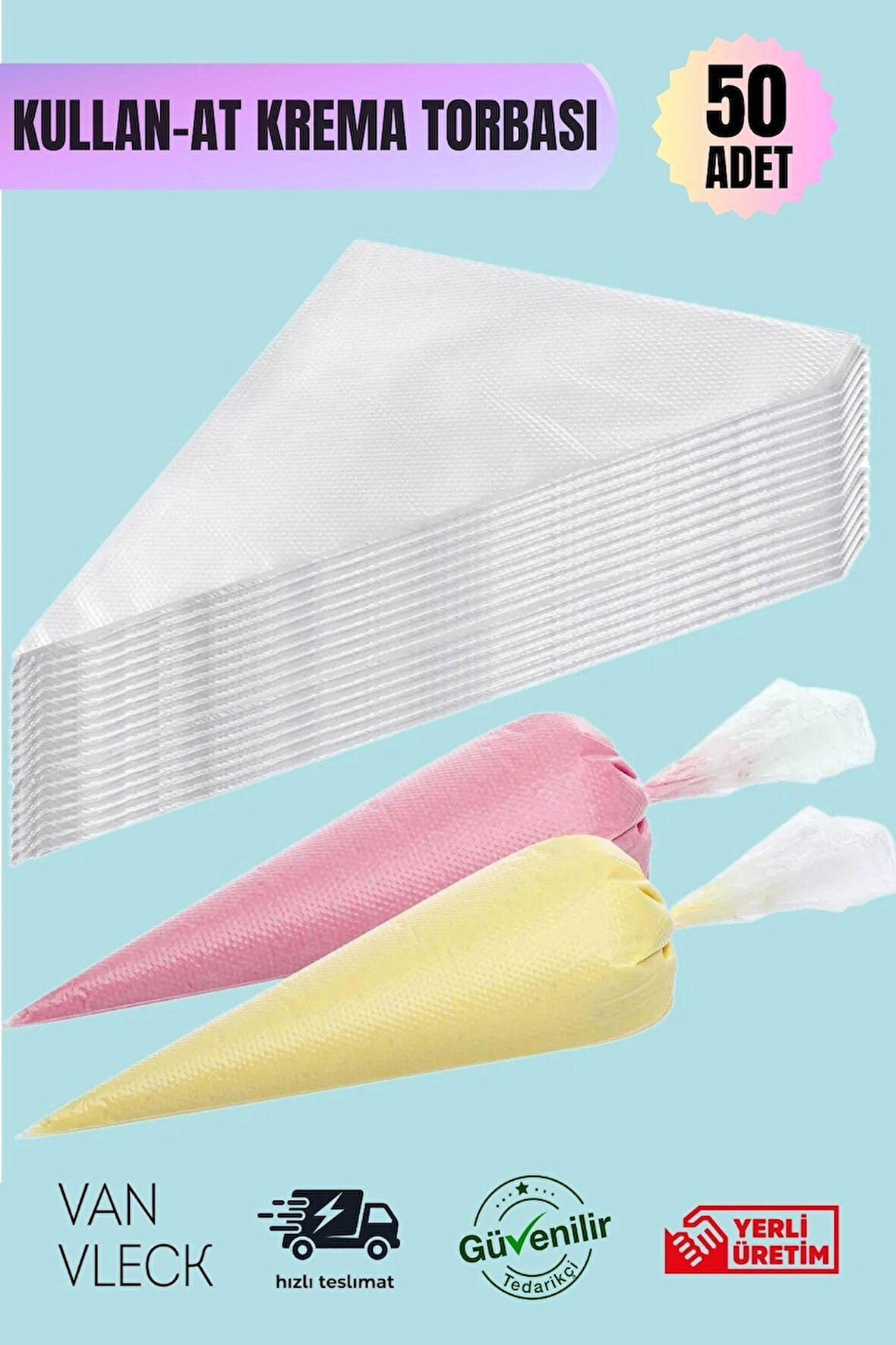 50’li Kullan At Krema Sıkma Torbası - Pasta, Kek, Krem Şanti Süsleme Poşeti, Hijyenik Set, 35CM