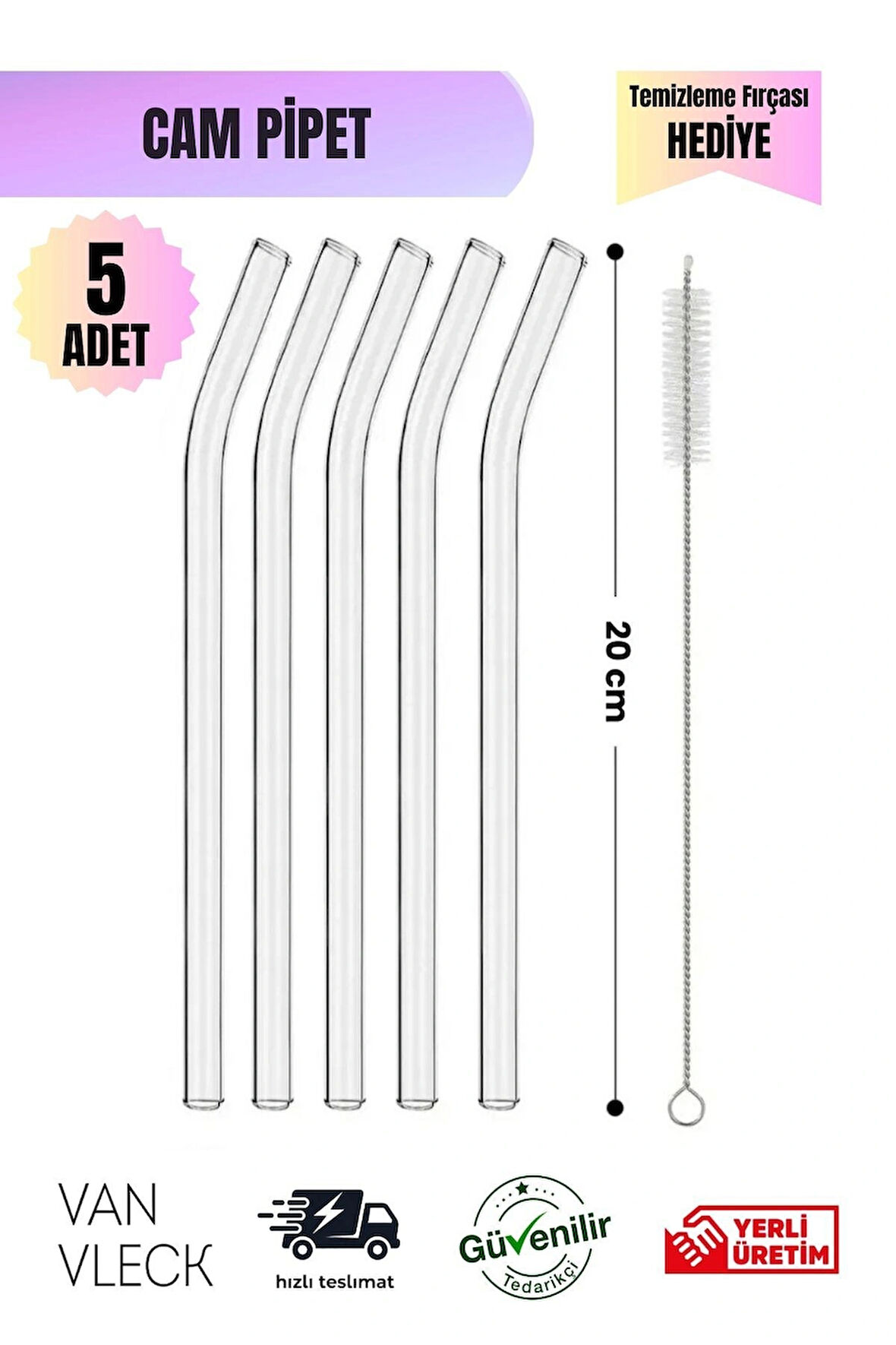 5'li Cam Pipet - 1. Kalite, Dayanıklı Ve Sağlıklı Pipet, Yıkanabilir (TEMİZLEME FIRÇASI HEDİYELİ)