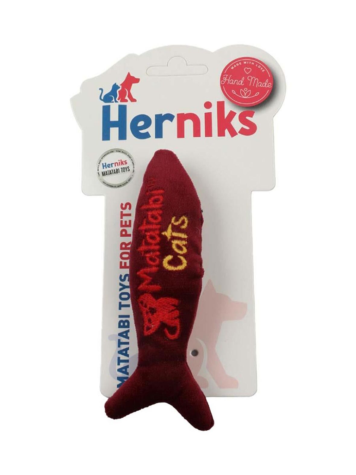 Herniks Matatabili Sesli Peluş Kumaş Kedi Oyuncağı - Fishy 14cm Bordo