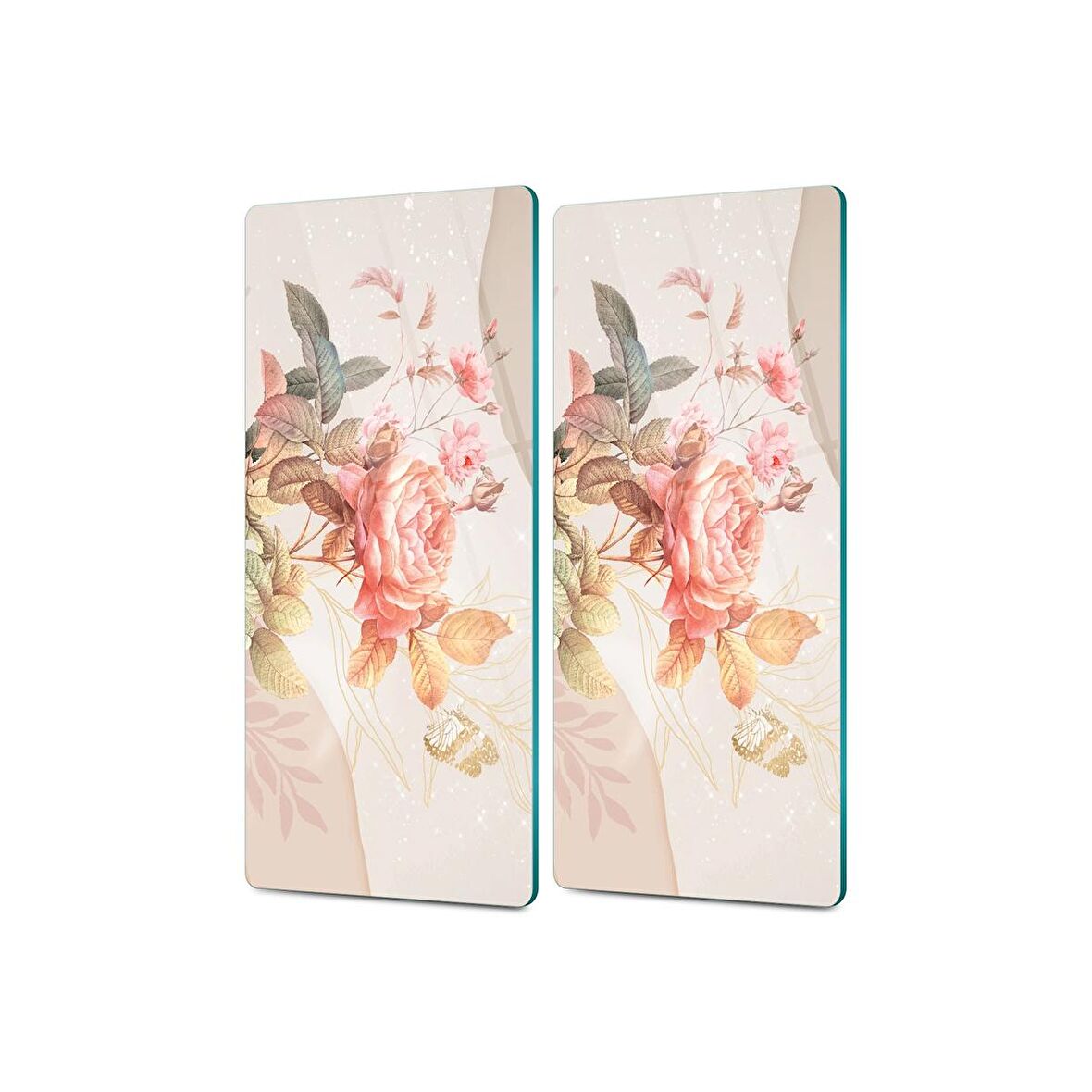 Decovetro Cam Kahve Sofra Sunum Tablası 2'li Set Vintage Pastel Gül Desenli
