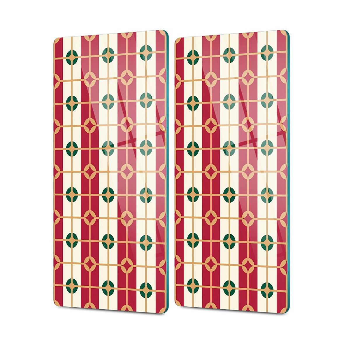 Decovetro Cam Kahve Sofra Sunum Tablası 2'li Set Kırmızı Beyaz Geometrik Desenli 30 x 15 cm