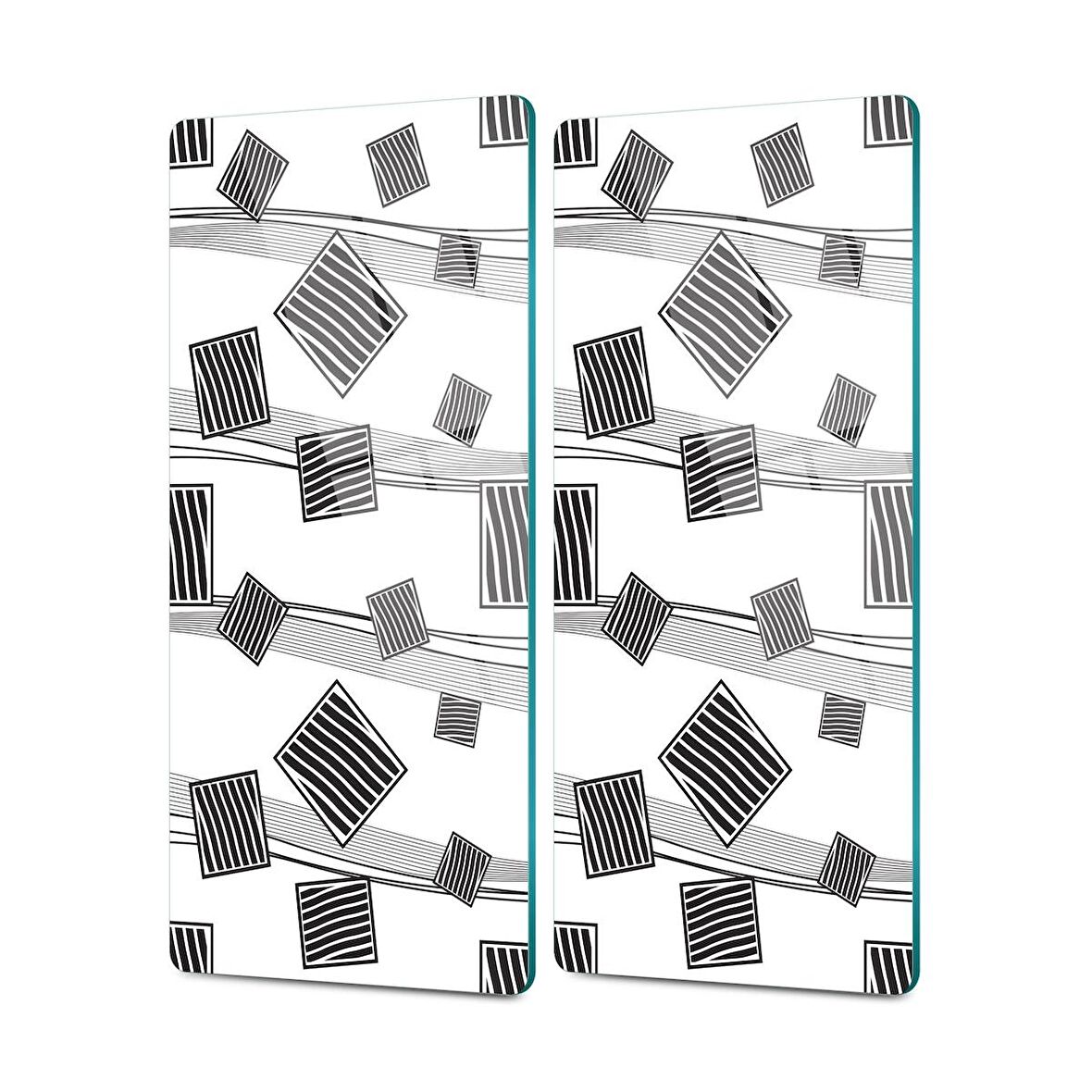 Decovetro Cam Kahve Sofra Sunum Tablası 2'li Set Gri Geometrik Desenli 30 x 15 cm