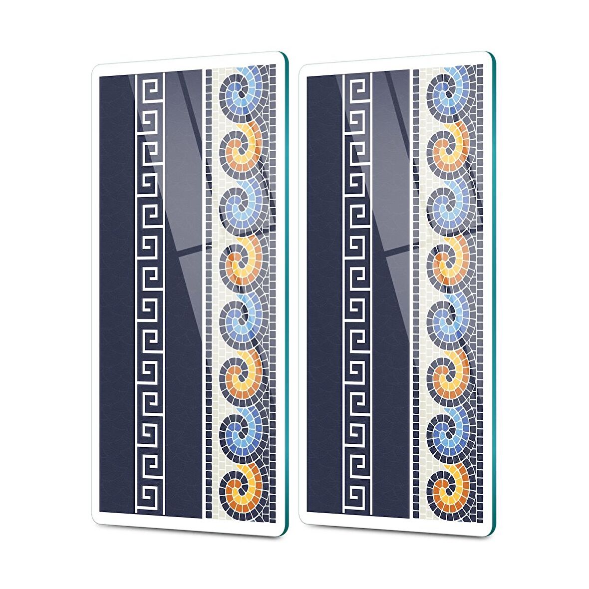 Decovetro Cam Kahve Sofra Sunum Tablası 2'li Set Lacivert Geometrik Desenli 30 x 15 cm