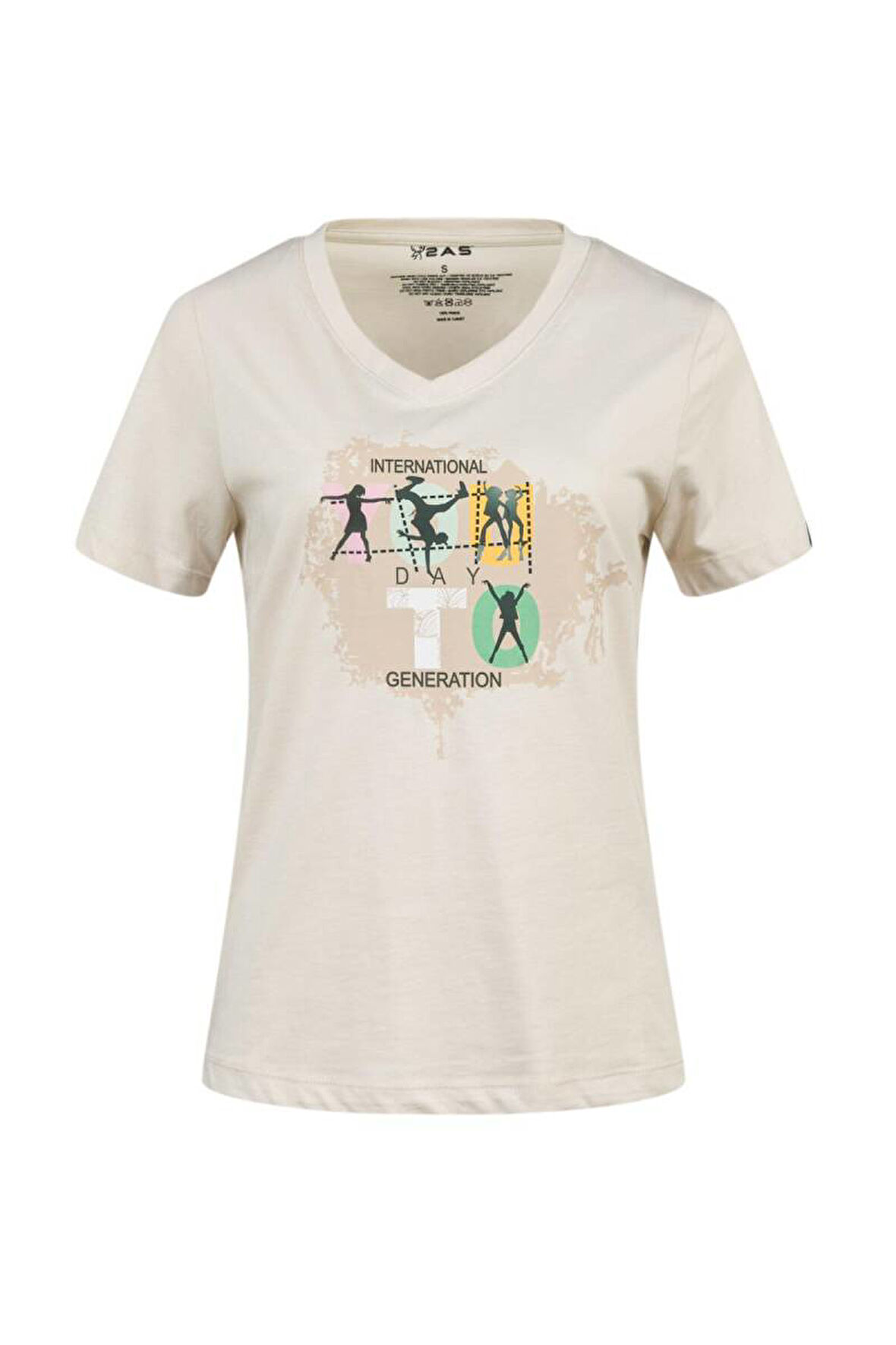 2AS ALONE BASKILI V YAKA KADIN T-SHİRT 403