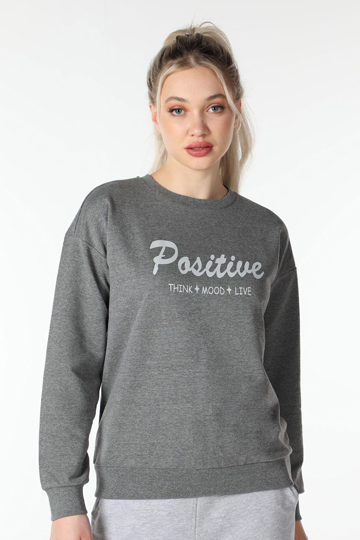 defy's KADIN BASKILI SWEATSHIRT KOYU GRİ - XS
