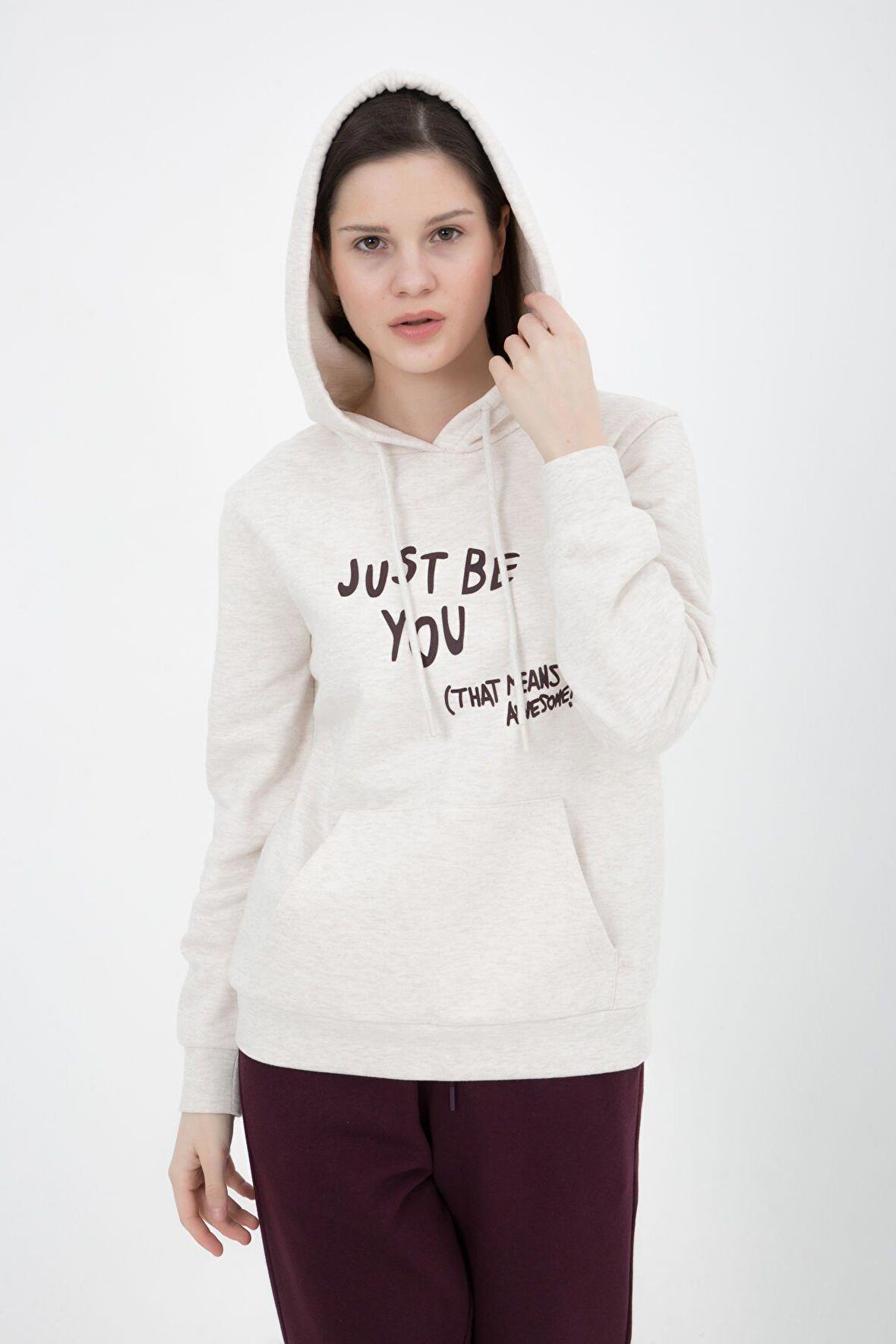 defy's KADIN BASKILI KAPÜŞONLU SWEAT EKRU - M