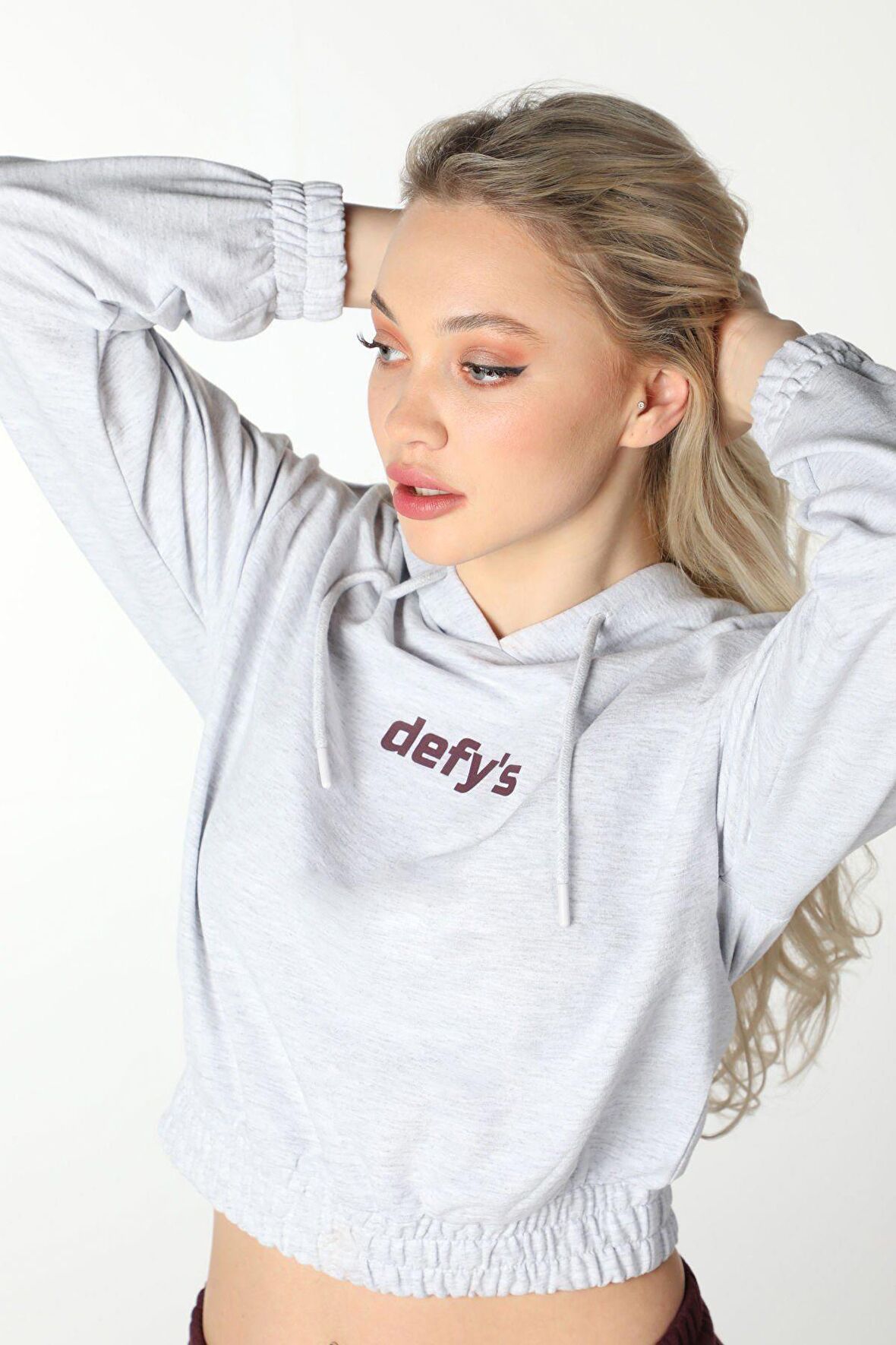 defy's KADIN BASKILI KAPÜŞONLU CROP SWEAT GRİ - L