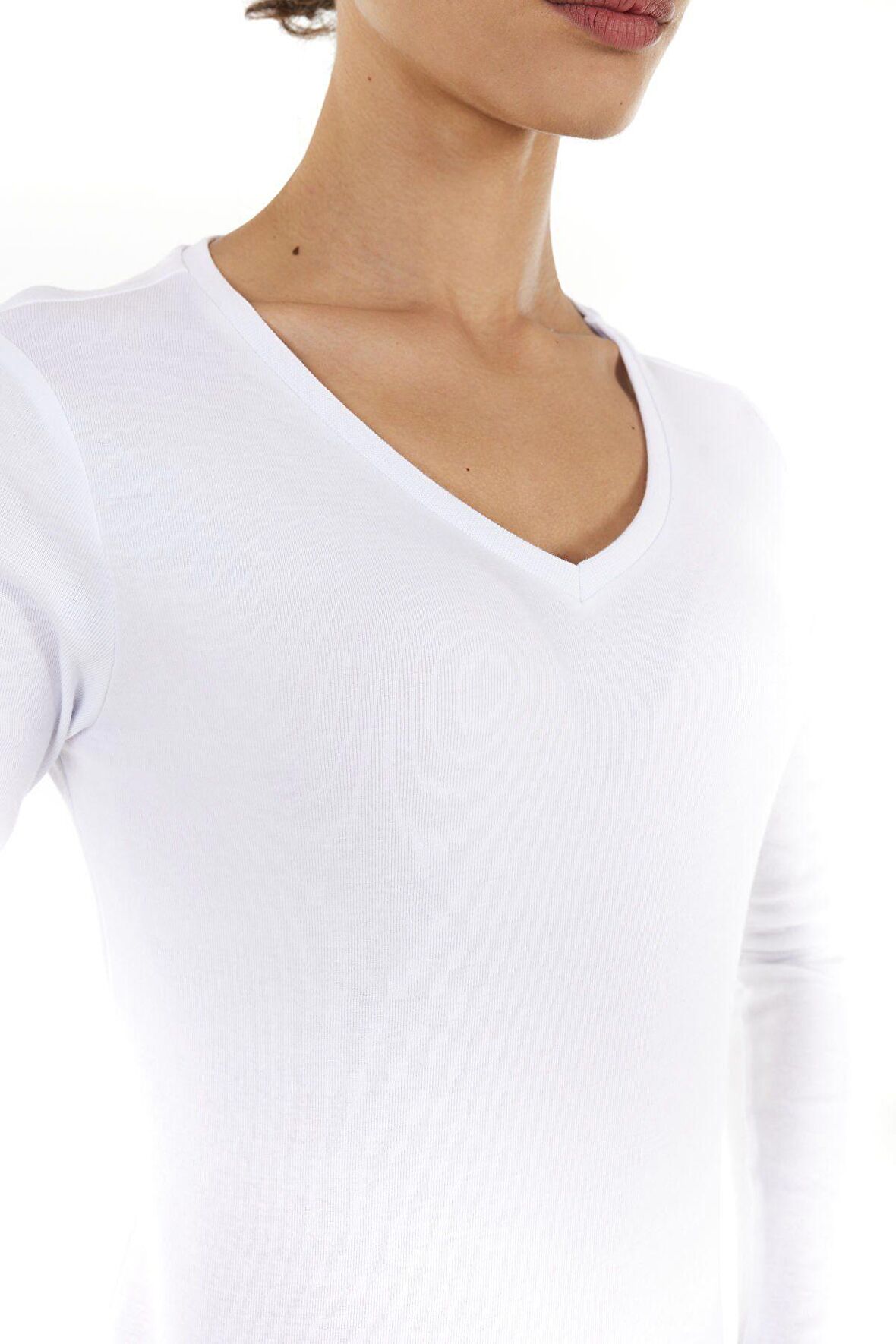 defy's KADIN UZUN KOLLU V YAKA TİŞÖRT BEYAZ - XL