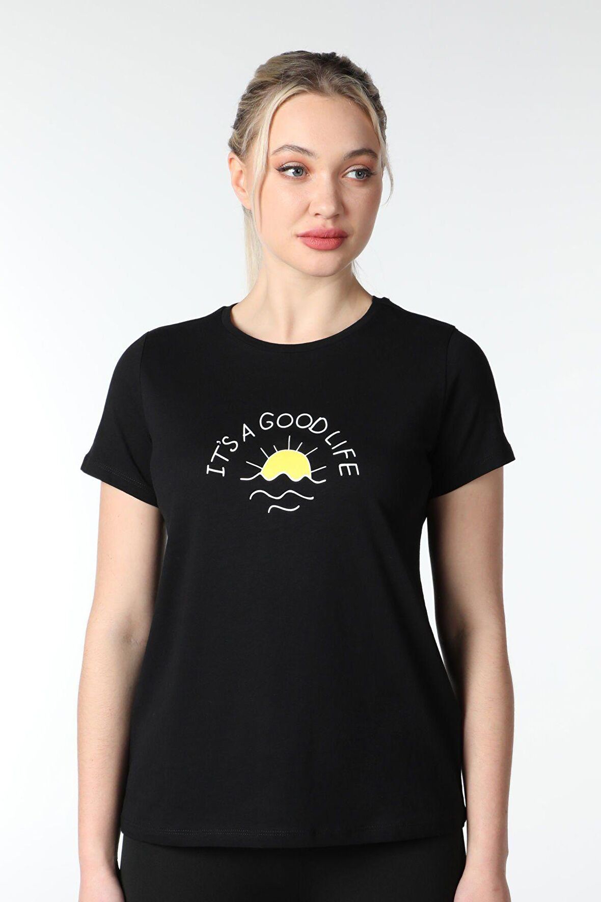 defy's KADIN BASKILI KISA KOLLU BİSİKLET YAKA TİŞÖRT SİYAH - L