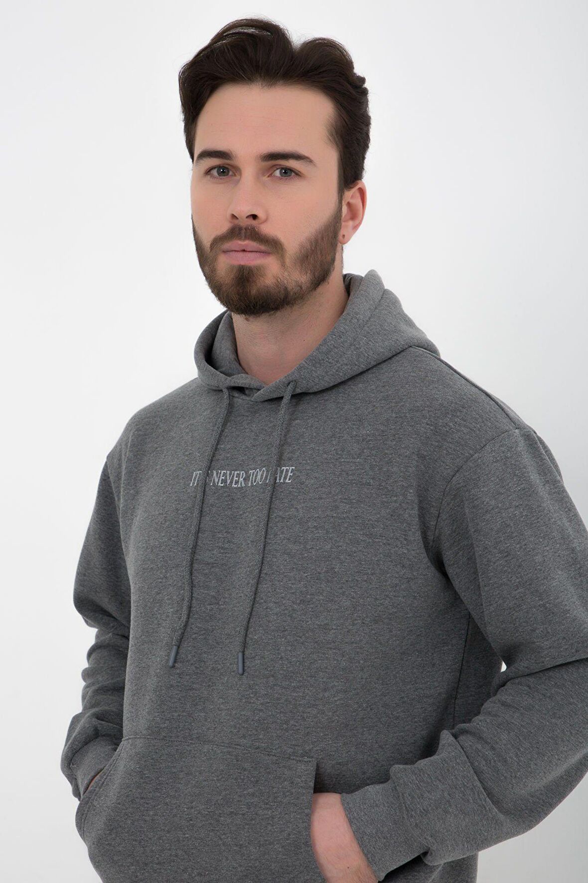 defy's ERKEK BASKILI KAPÜŞONLU SWEATSHIRT ANTRASİT - L