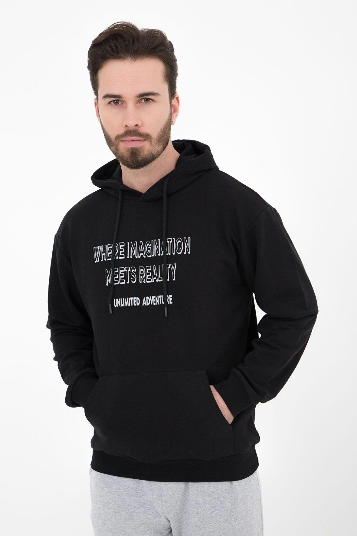 defy's ERKEK BASKILI KAPÜŞONLU SWEATSHIRT SİYAH - XL