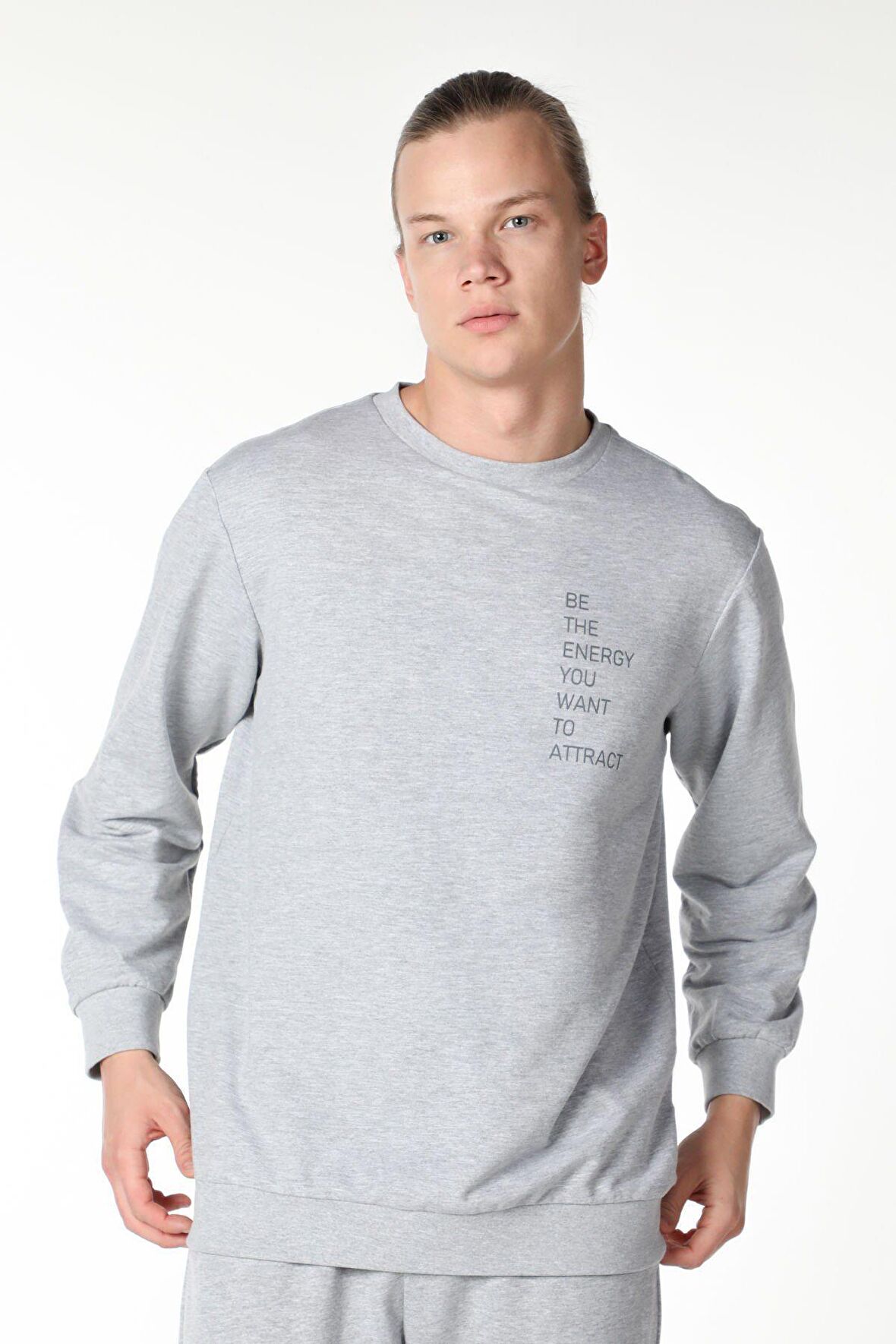 defy's ERKEK BASKILI UZUN KOLLU BİSİKLET YAKA SWEATSHIRT GRİ - S