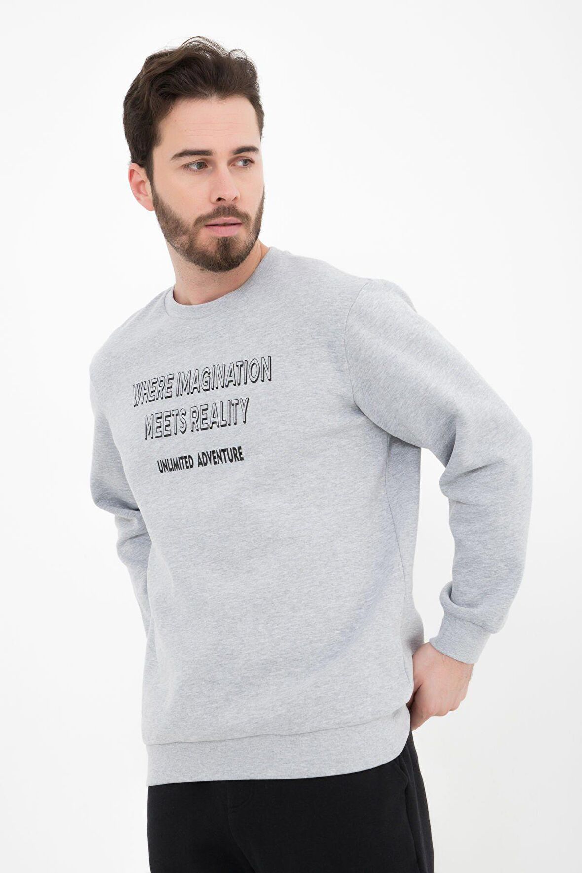 defy's ERKEK BASKILI UZUN KOLLU BİSİKLET YAKA SWEATSHIRT GRİ - M