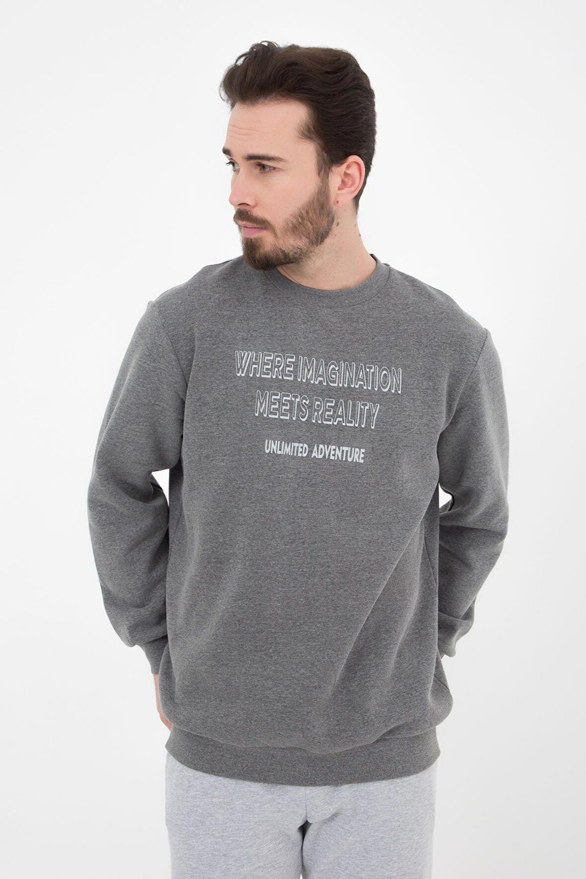 defy's ERKEK BASKILI UZUN KOLLU BİSİKLET YAKA SWEATSHIRT ANTRASİT - M