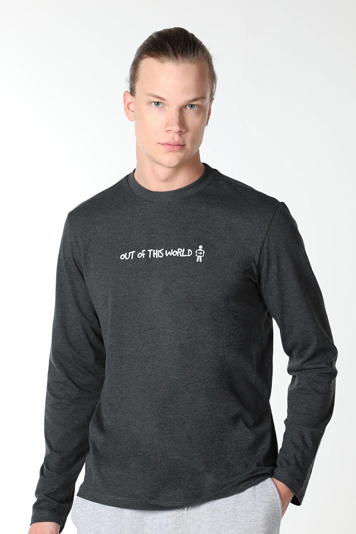 ERKEK BASKILI UZUN KOLLU BİSİKLET YAKA TİŞÖRT ANTRASİT - XXL