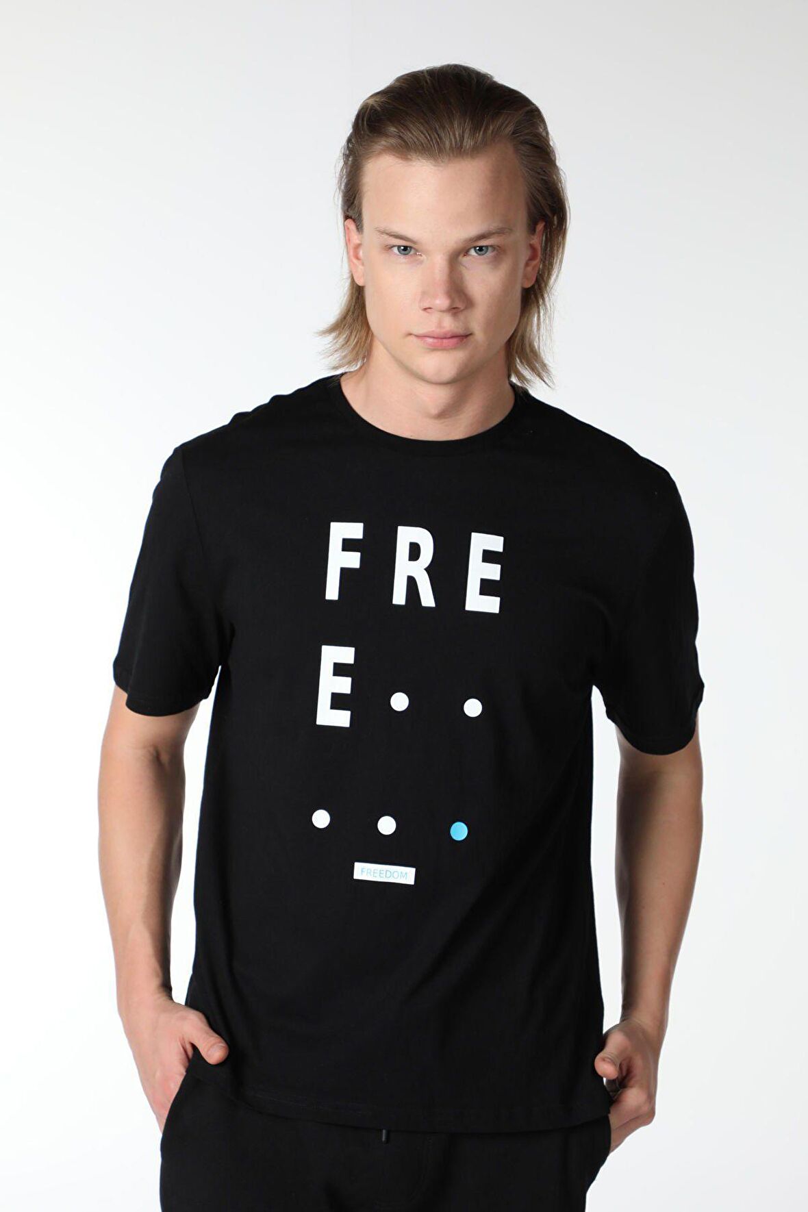 ERKEK BASKILI KISA KOLLU BİSİKLET YAKA TİŞÖRT SİYAH - XXL