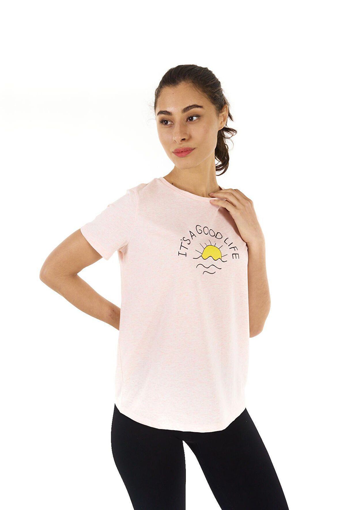 defy's KADIN BASKILI KISA KOLLU BİSİKLET YAKA TİŞÖRT PEMBE MEL - XL