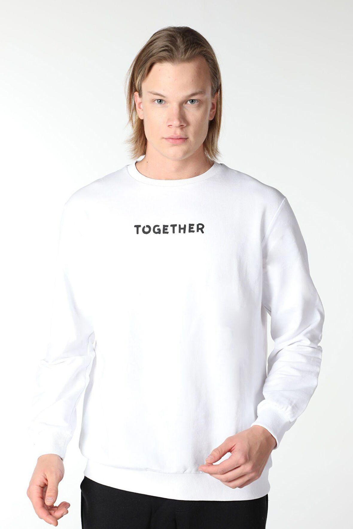 defy's ERKEK BASKILI UZUN KOLLU BİSİKLET YAKA SWEATSHIRT BEYAZ - XL