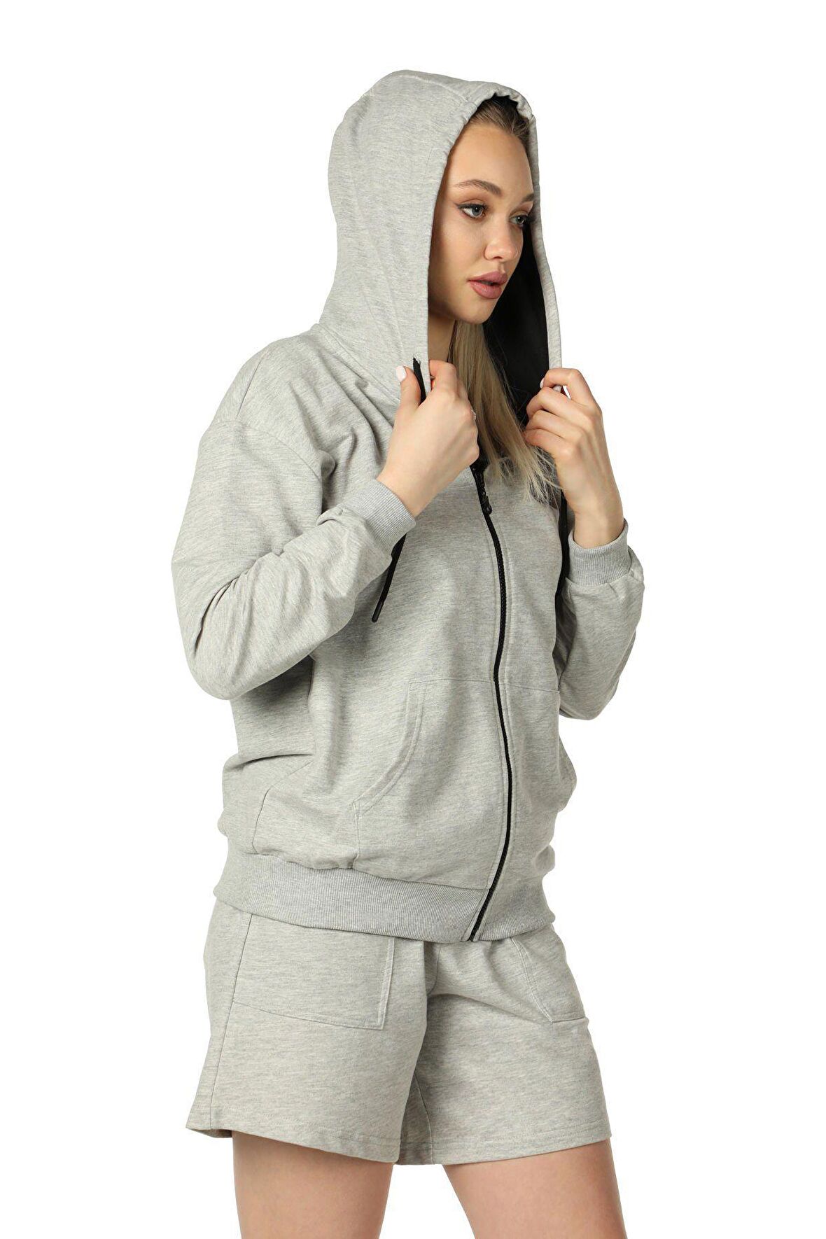 defy's KADIN KAPÜŞONLU FERMUARLI OVERSIZE SWEATSHIRT GRİ MELANJ - L