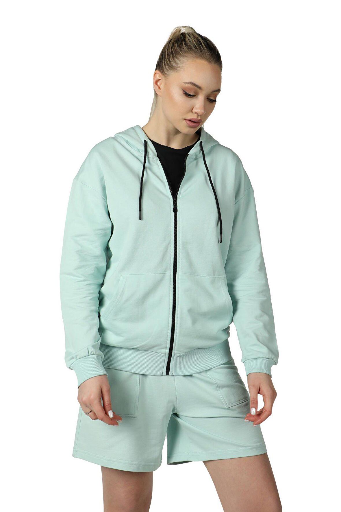 defy's KADIN KAPÜŞONLU FERMUARLI OVERSIZE SWEATSHIRT SU YEŞİLİ - S