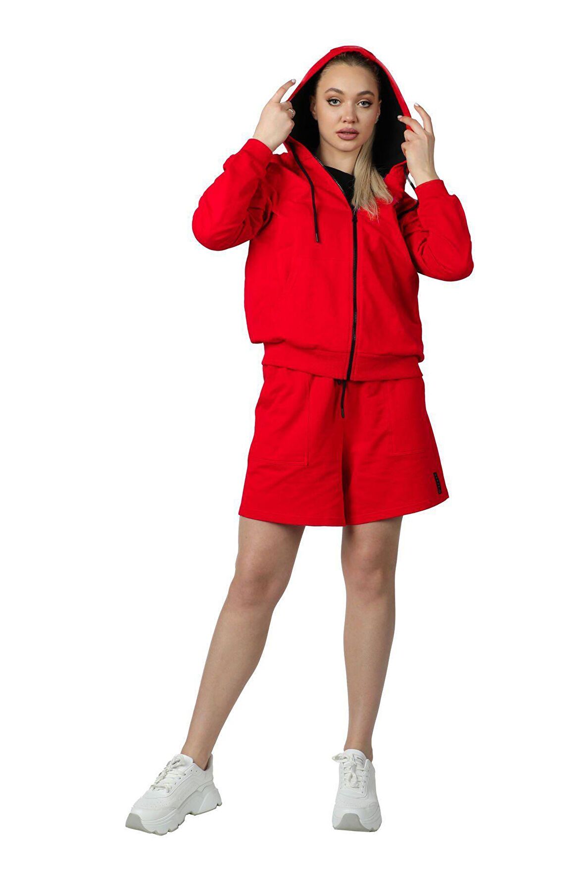 defy's KADIN KAPÜŞONLU FERMUARLI OVERSIZE SWEATSHIRT KIRMIZI - S