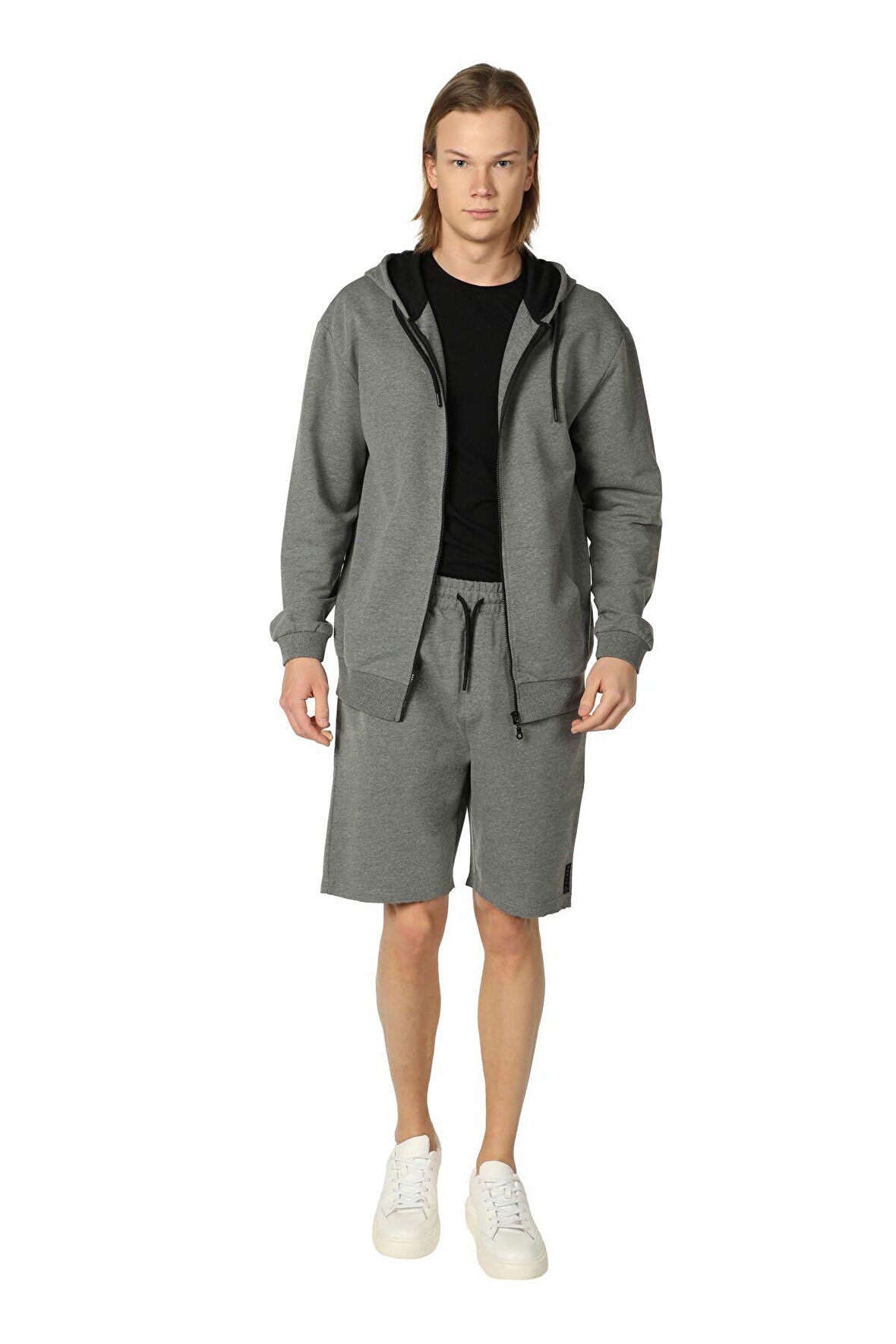 defy's ERKEK KAPÜŞONLU FERMUARLI OVERSIZE SWEATSHIRT KOYU GRİ - XL