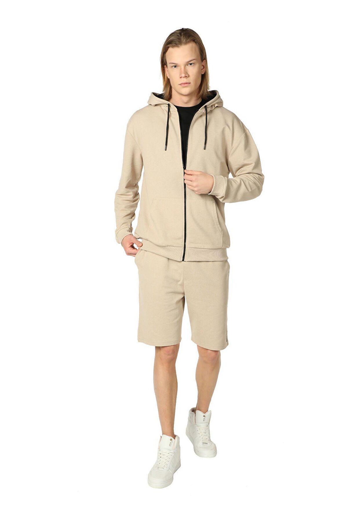 defy's ERKEK KAPÜŞONLU FERMUARLI OVERSIZE SWEATSHIRT BEJ - S