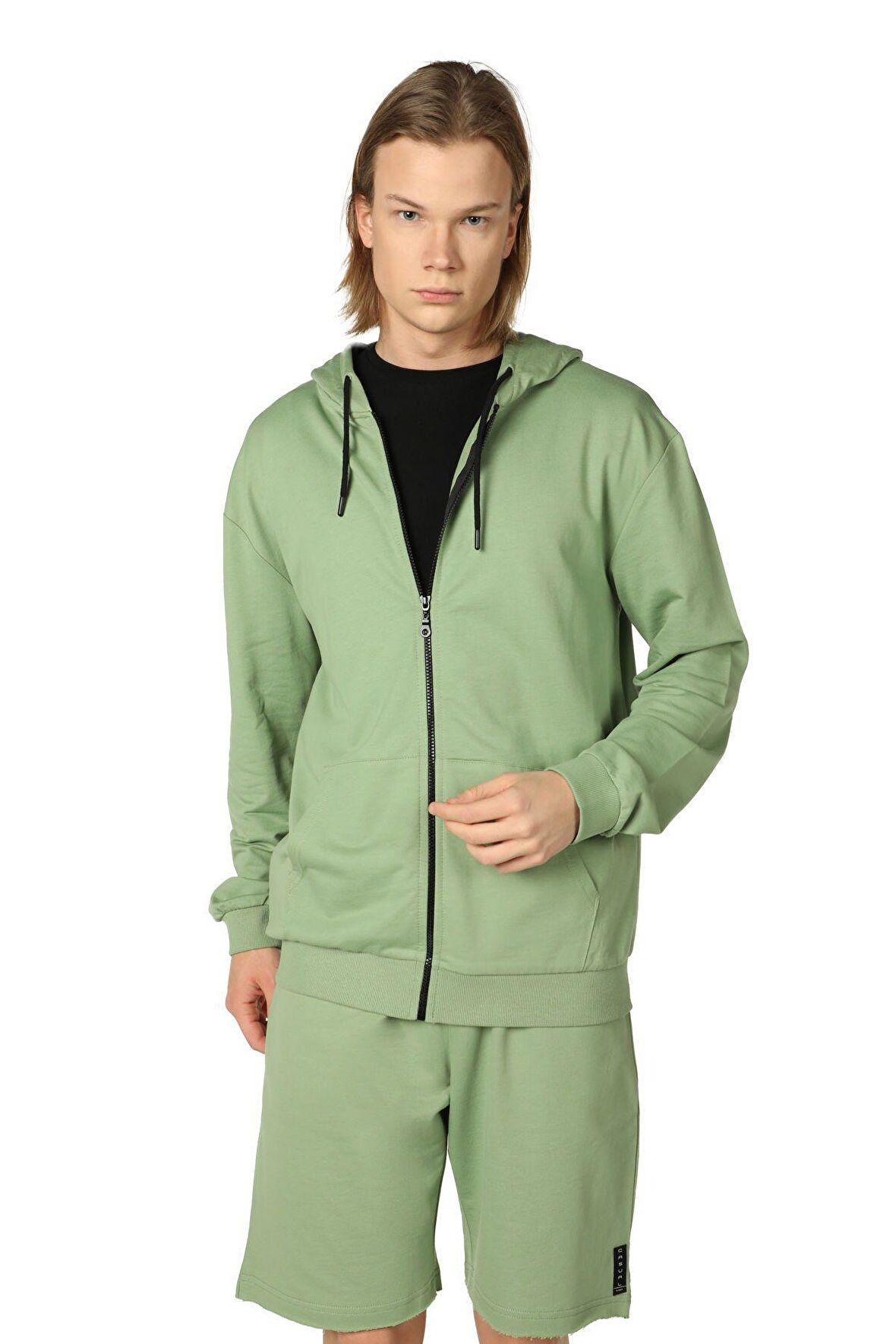 defy's ERKEK KAPÜŞONLU FERMUARLI OVERSIZE SWEATSHIRT HAKİ YEŞİL - M