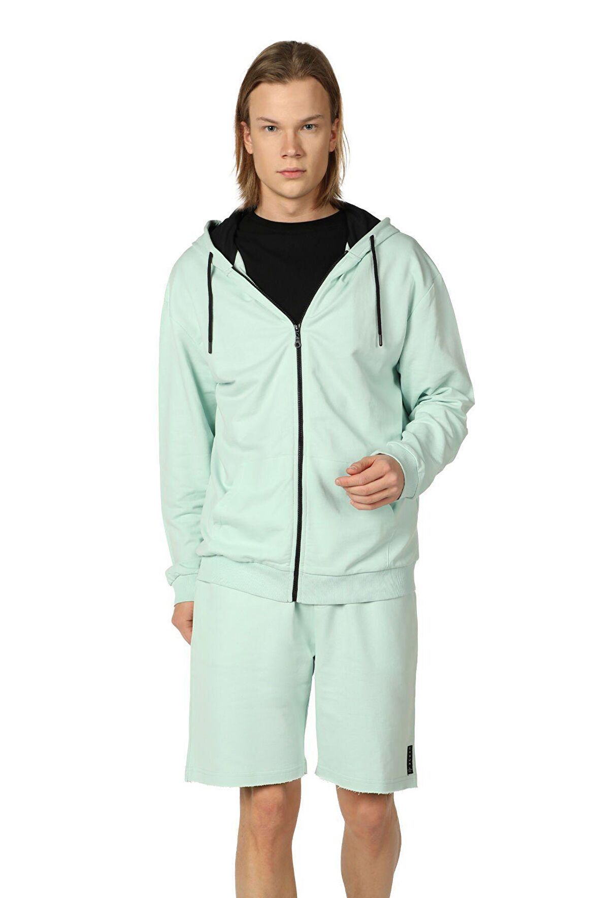 defy's ERKEK KAPÜŞONLU FERMUARLI OVERSIZE SWEATSHIRT SU YEŞİLİ - XXL