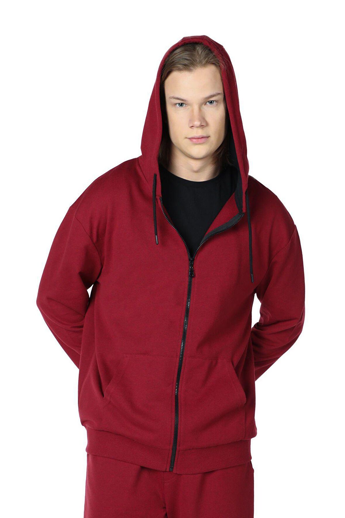 defy's ERKEK KAPÜŞONLU FERMUARLI OVERSIZE SWEATSHIRT BORDO - L