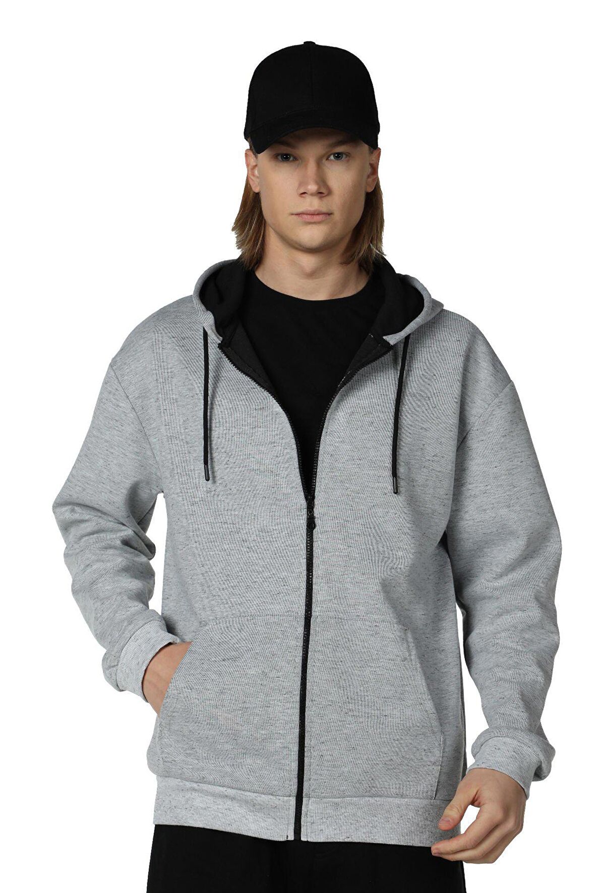 defy's ERKEK KAPÜŞONLU FERMUARLI OVERSIZE SWEATSHIRT KIRÇILLI GRİ - S