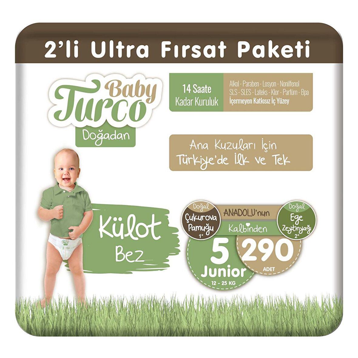 Baby Turco Doğadan 2'li Ultra Fırsat Paketi Külot Bez 5 Numara Junior 290 Adet