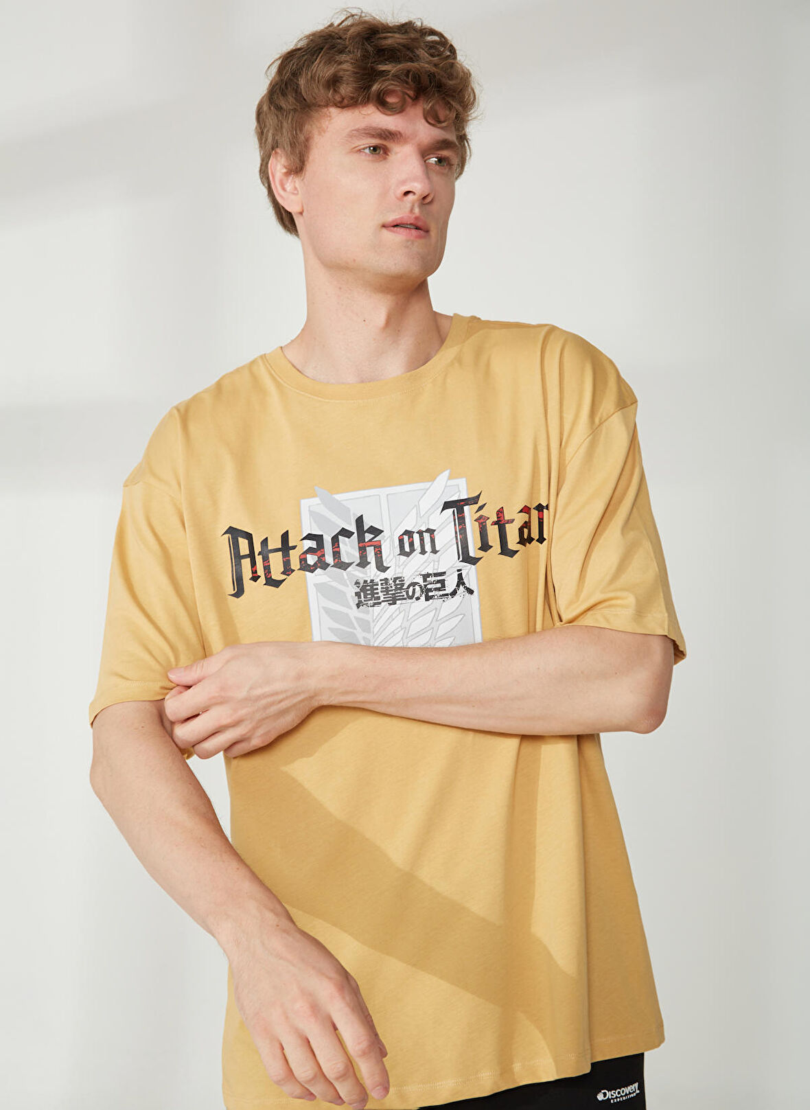 Never Say Never Attack On Tıtan Baskılı Bej Erkek Oversized T-Shirt BYL3099
