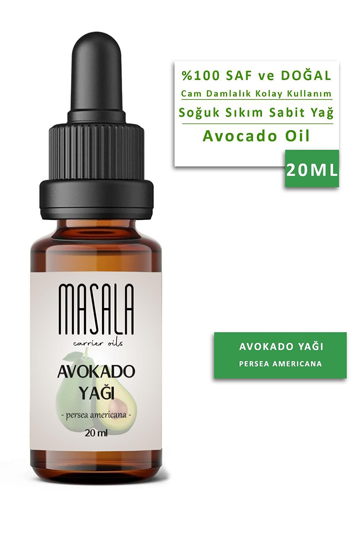 Masala Saf Avokado Yağı 20 ml. Soğuk Pres (Avocado Oil) 