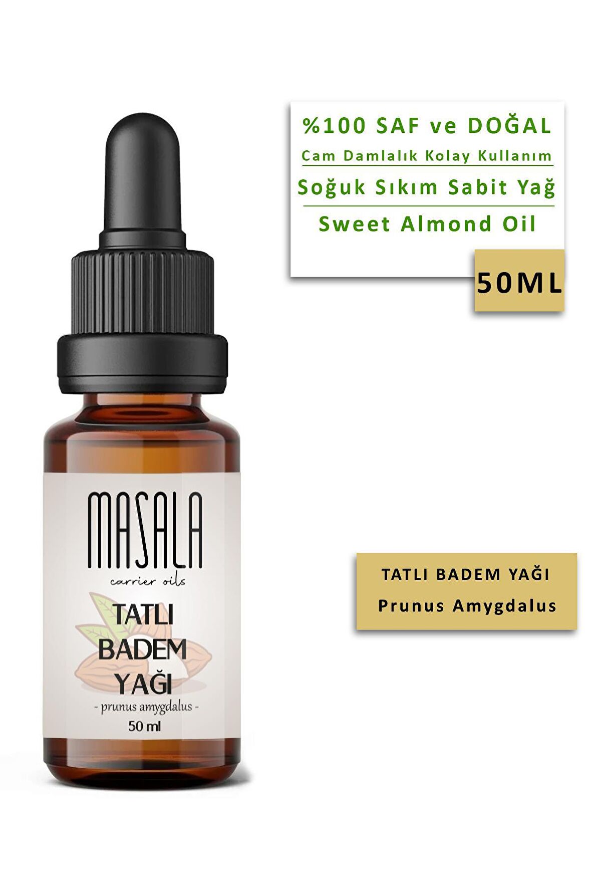 Masala Tatlı Badem Yağı 50 ml.  Soğuk Pres (Sweet Almond Carrier Oil)