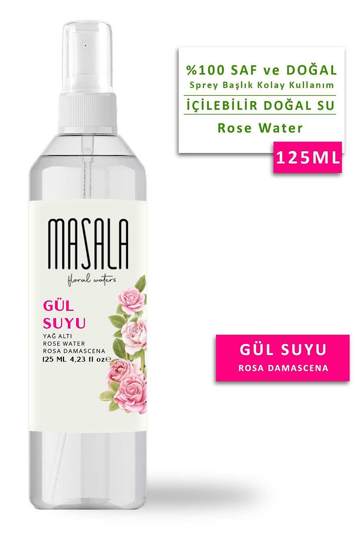 Masala Saf Gül Suyu 125 ml %100 Doğal Yağlı Hidrosol - Tonik Rose Floral Water Hydrosol Tonic