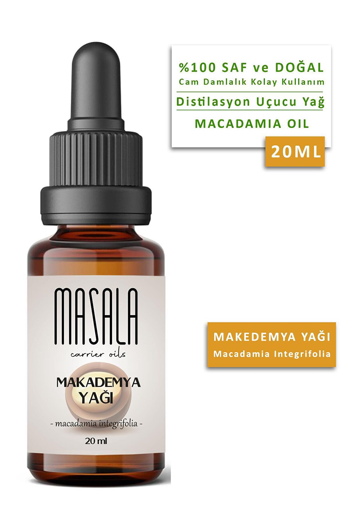 Masala Soğuk Pres Macadamia Yağı 20 ml. (Macadamia Carrier Oil)