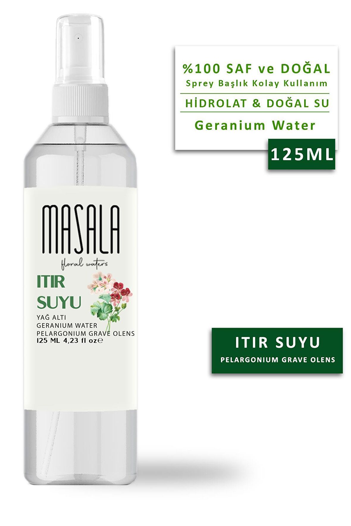 Masala Saf Itır Suyu (Sardunya) 125 ml %100 Doğal Yağlı Hidrosol - Tonik Geranium Floral Water Hydrosol Tonic