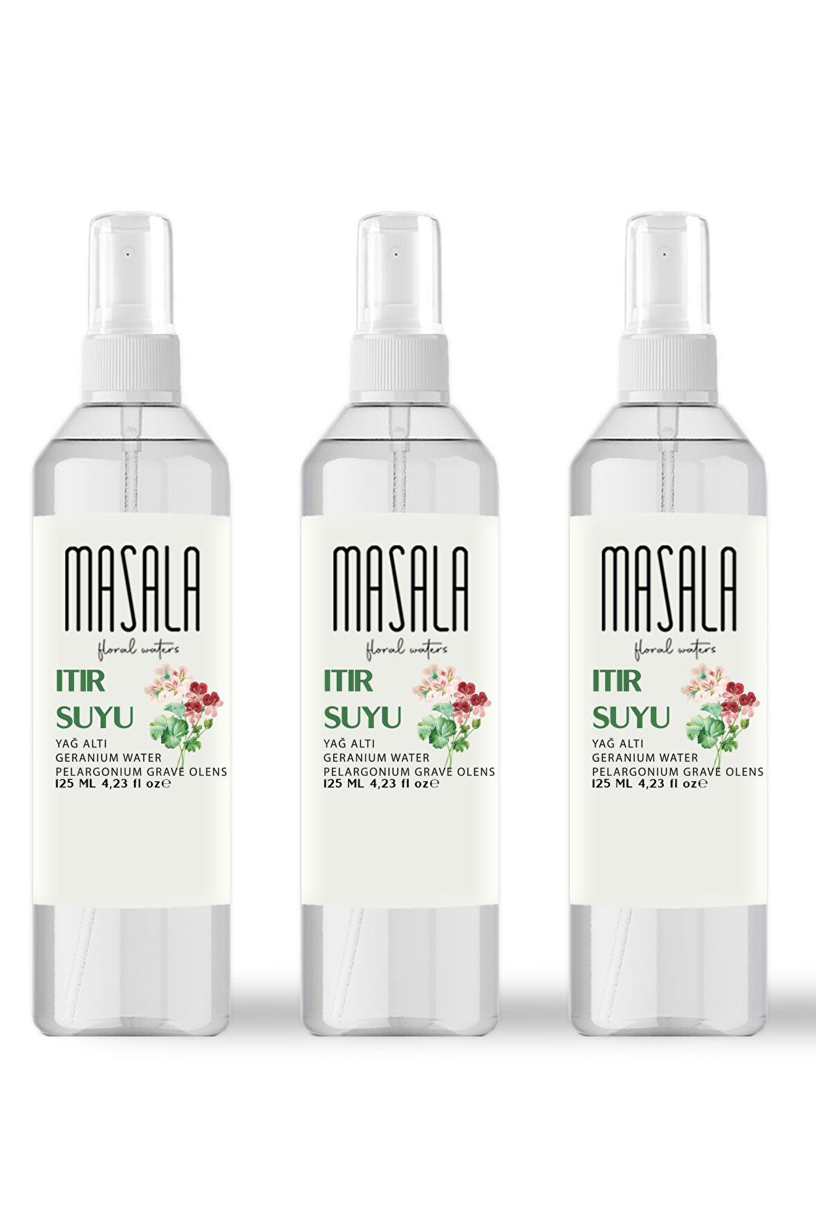 Masala 3 Adet Saf Itır Suyu (Sardunya) 125 ml %100 Doğal Yağlı Hidrosol - Tonik Geranium Floral Water Hydrosol Tonic